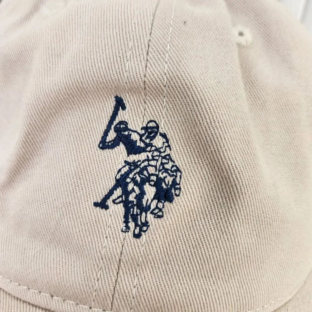 US Polo Assn Dad Hat Beige Embroidered Double Horseman Strapback Baseball Cap
